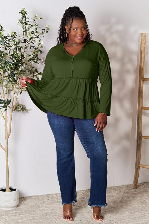 Double Take Half Button Long Sleeve Ruffle Hem Blouse BLUE ZONE PLANET