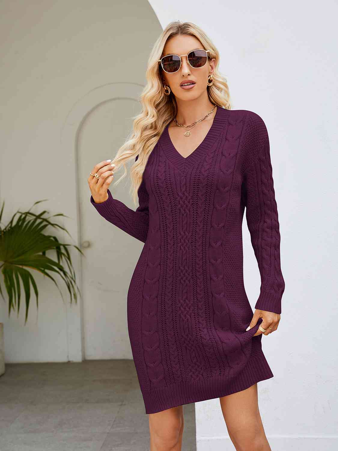 Cable-Knit V-Neck Mini Sweater Dress BLUE ZONE PLANET