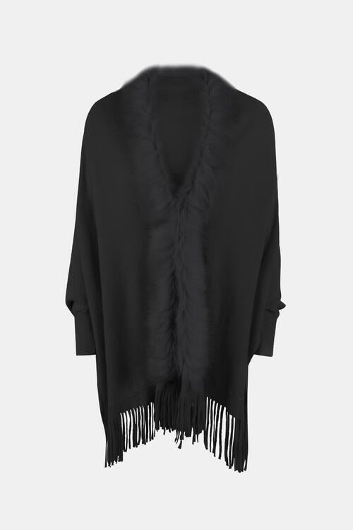 Fringe Open Front Long Sleeve Poncho BLUE ZONE PLANET