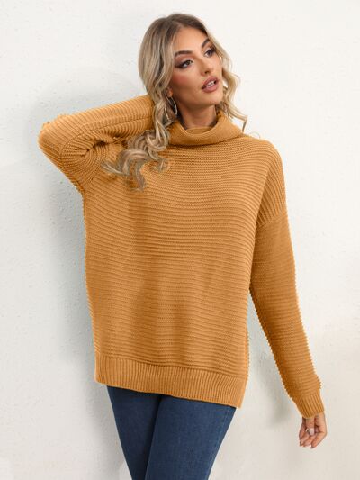 Slit Turtleneck Dropped Shoulder Sweater Trendsi