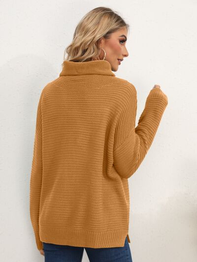 Slit Turtleneck Dropped Shoulder Sweater Trendsi