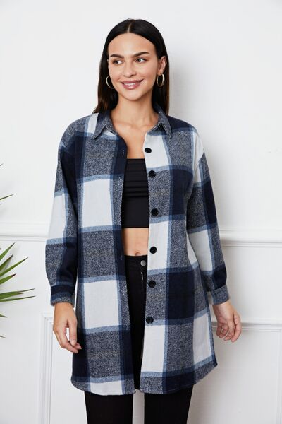 Plaid Button Up Collared Neck Outerwear BLUE ZONE PLANET