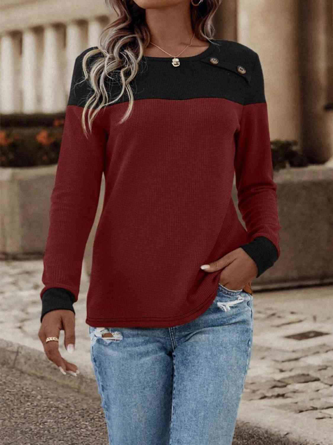 Contrast Buttoned Round Neck Long Sleeve T-Shirt BLUE ZONE PLANET