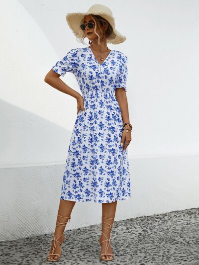 Blue Zone Planet | Slit Printed V-Neck Short Sleeve Dress BLUE ZONE PLANET
