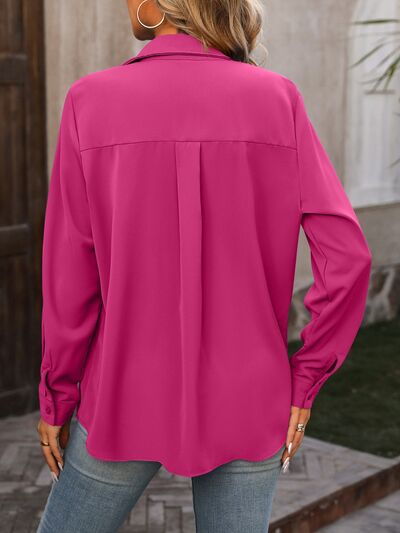 Pocketed Button Up Long Sleeve Shirt Trendsi