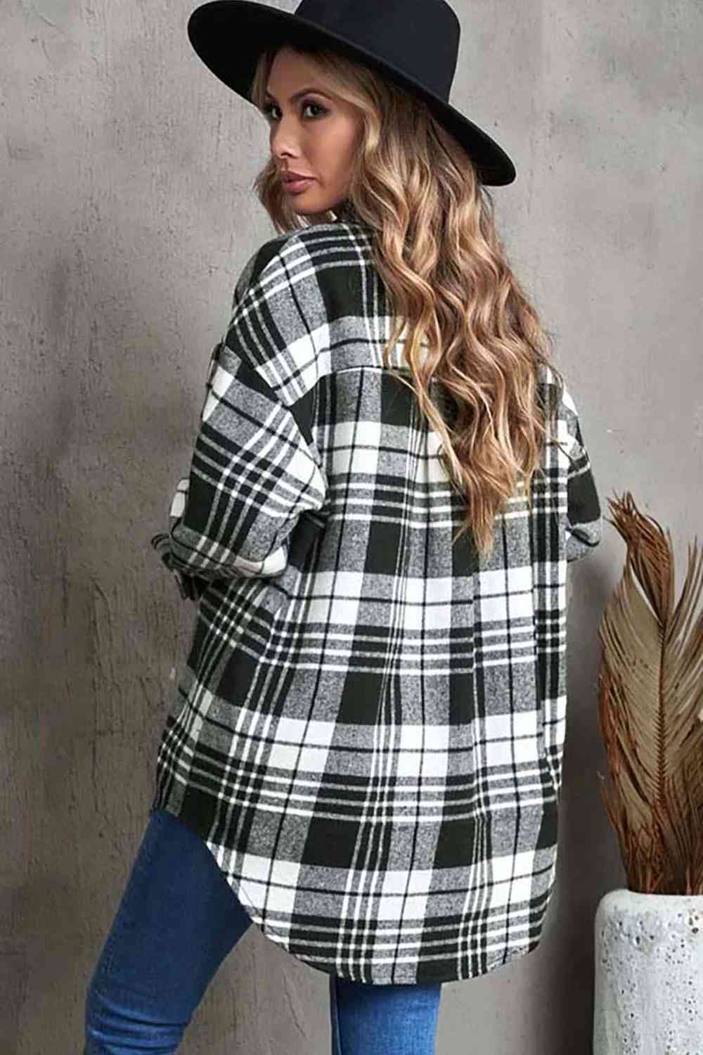 Plaid Collared Neck Button Up Jacket with Pockets BLUE ZONE PLANET