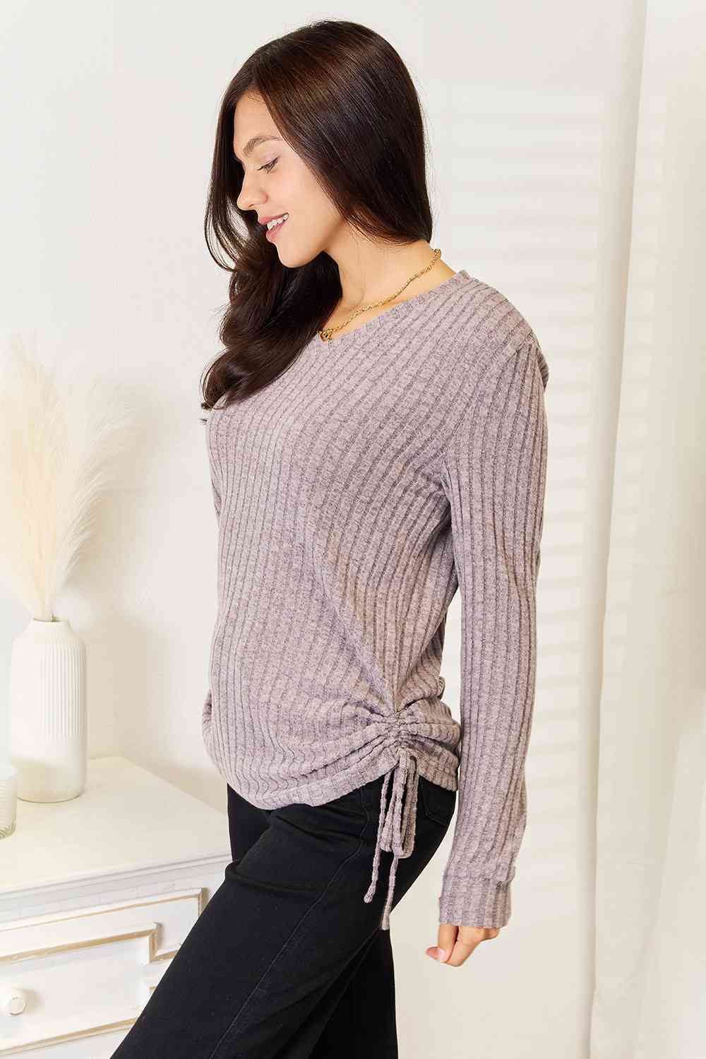 Double Take Drawstring Ribbed Long Sleeve T-Shirt BLUE ZONE PLANET