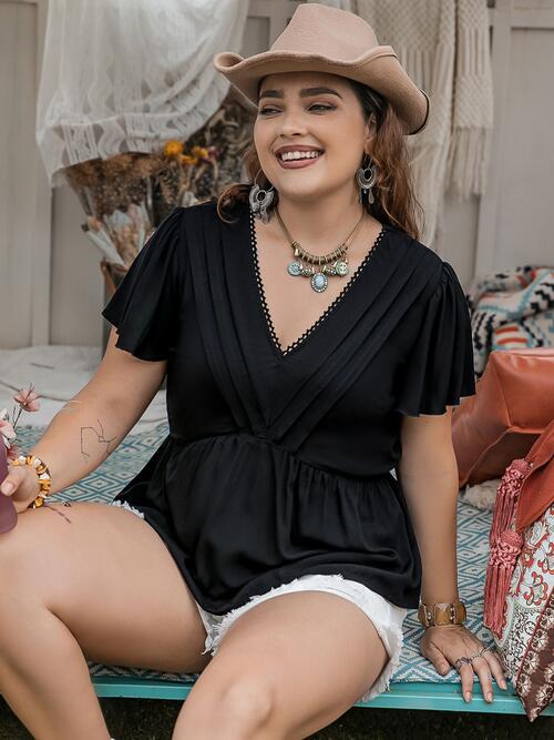 Plus Size V-Neck Flutter Sleeves Blouse BLUE ZONE PLANET