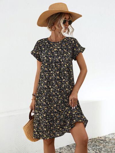 Blue Zone Planet |  Frill Floral Round Neck Short Sleeve Tiered Dress BLUE ZONE PLANET
