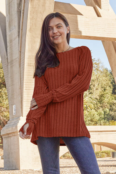 Basic Bae Full Size Ribbed Round Neck Long Sleeve Knit Top BLUE ZONE PLANET