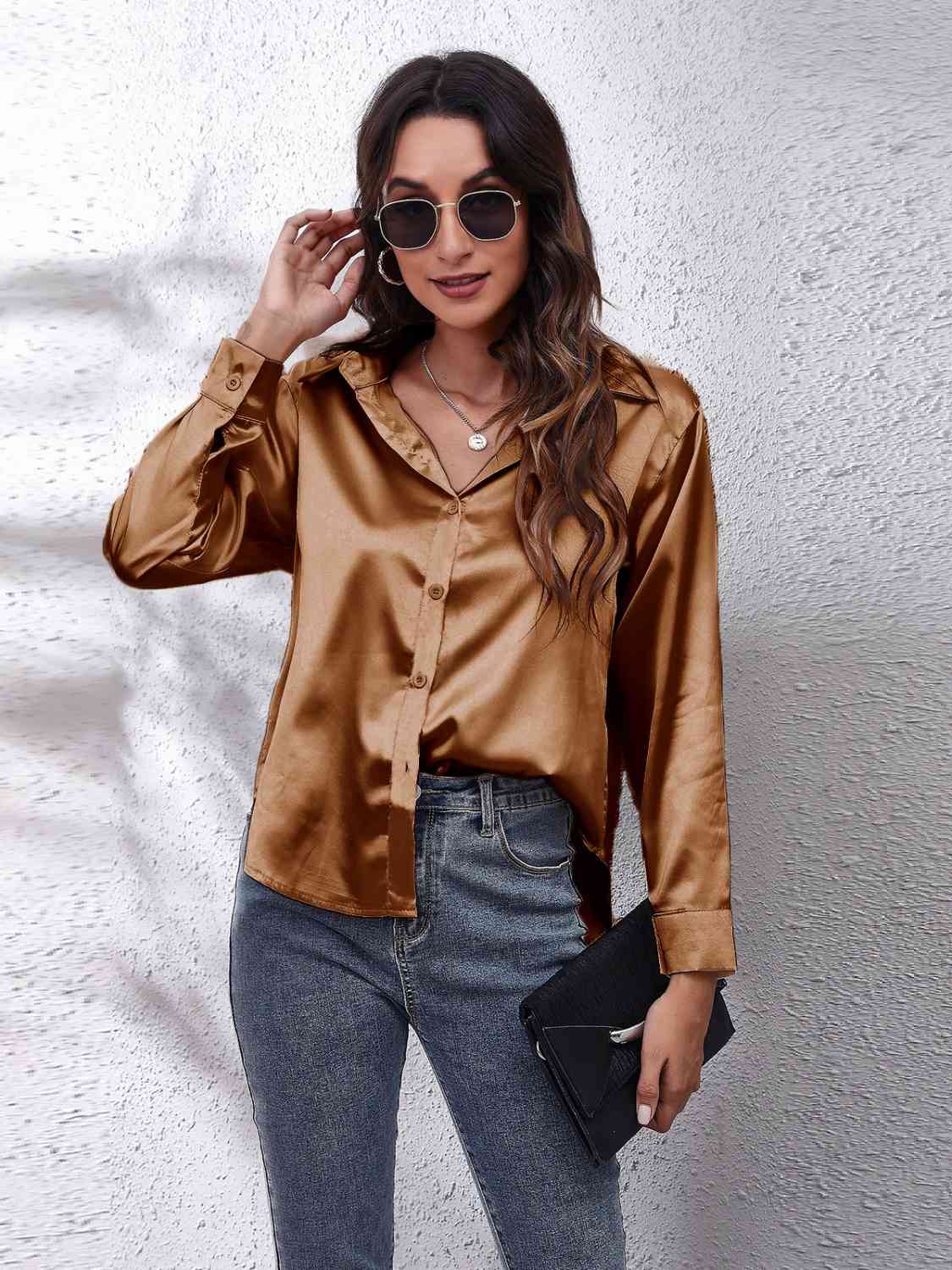 Collared Neck Buttoned Long Sleeve Shirt BLUE ZONE PLANET