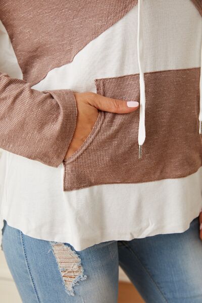 Color Block Drawstring Half Button Hoodie Trendsi