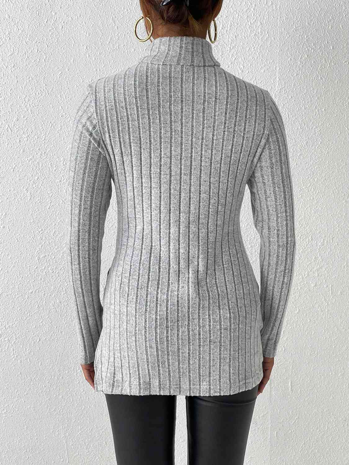 Ribbed Turtleneck Long Sleeve Slit T-Shirt BLUE ZONE PLANET