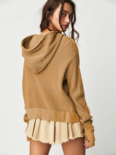 Blue Zone Planet | Waffle-Knit Dropped Shoulder Hooded Jacket BLUE ZONE PLANET