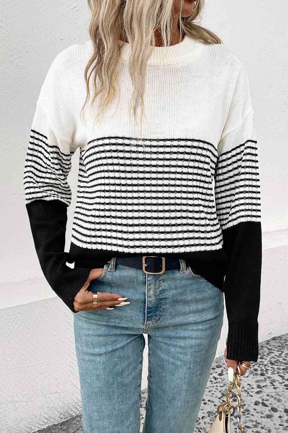 Striped Drop Shoulder Sweater BLUE ZONE PLANET