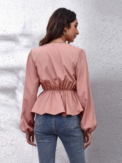 V-Neck Balloon Sleeve Peplum Blouse BLUE ZONE PLANET