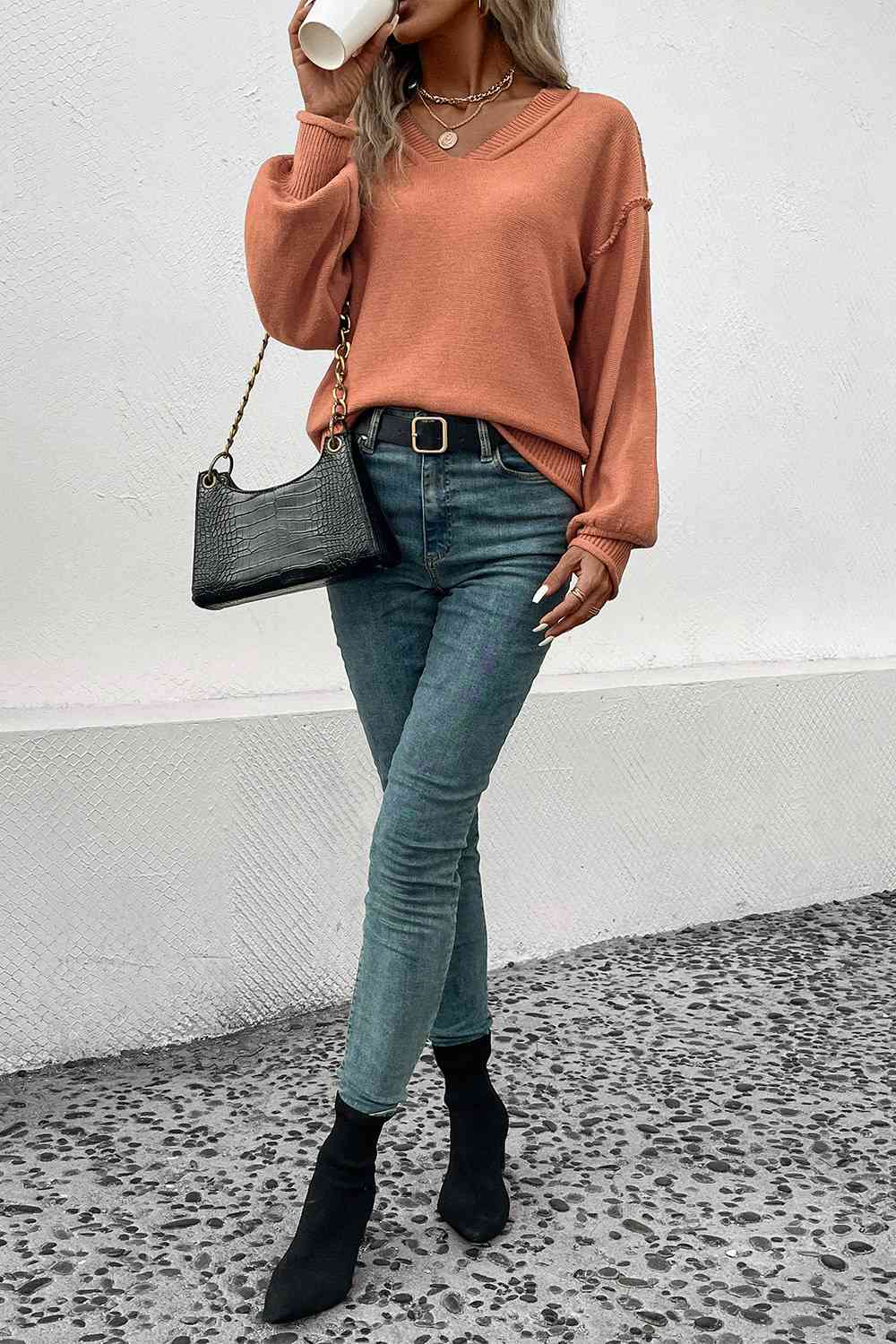 V-Neck Exposed Seam Sweater BLUE ZONE PLANET