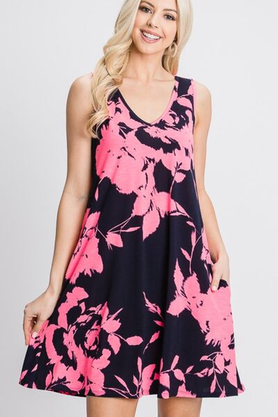 Heimish Full Size Floral V-Neck Tank Dress with Pockets BLUE ZONE PLANET