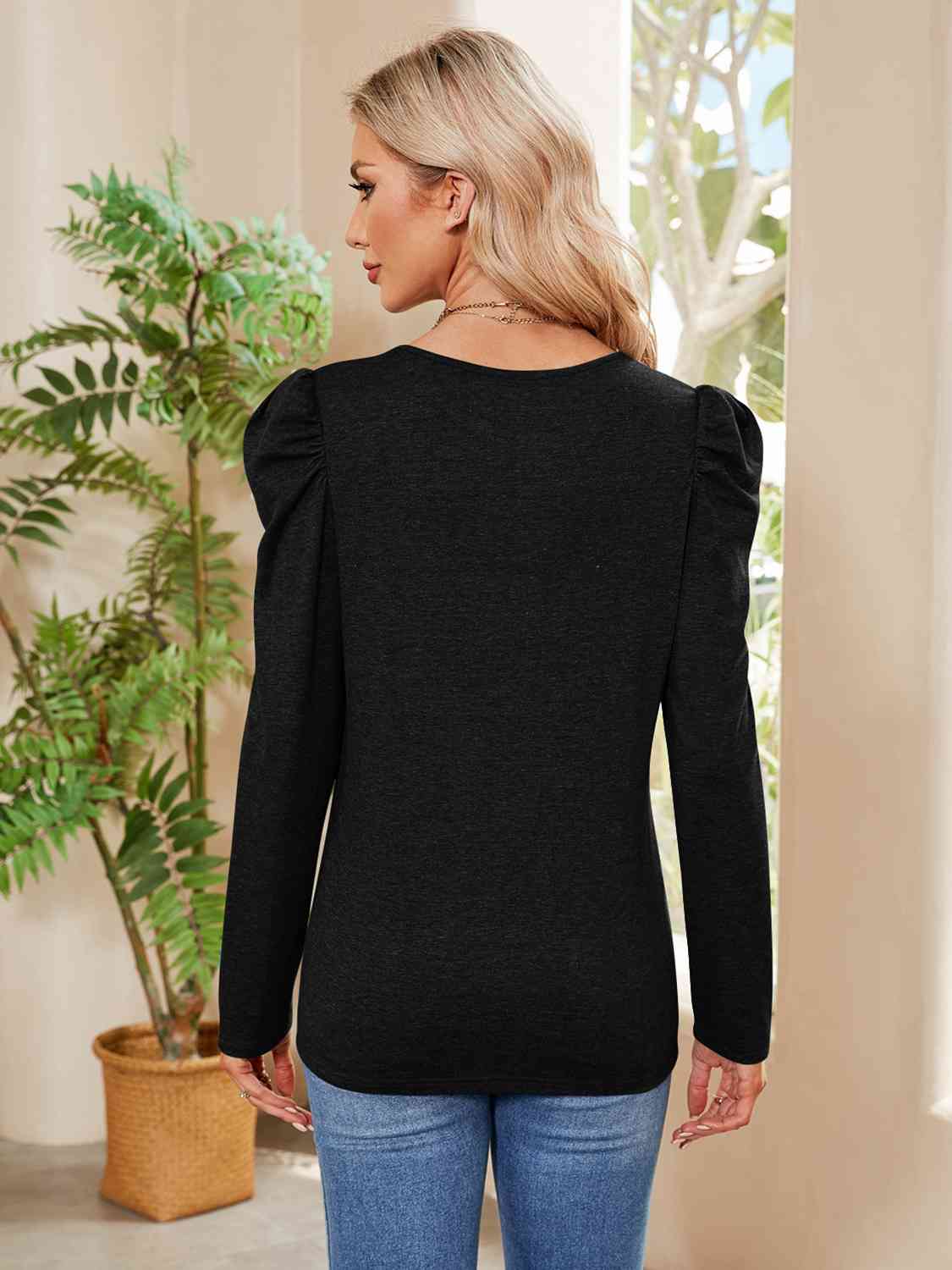 Buttoned Round Neck Puff Sleeve T-Shirt BLUE ZONE PLANET