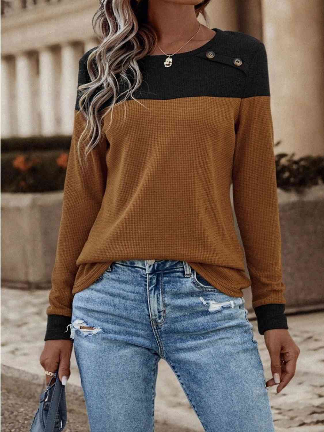 Contrast Buttoned Round Neck Long Sleeve T-Shirt BLUE ZONE PLANET