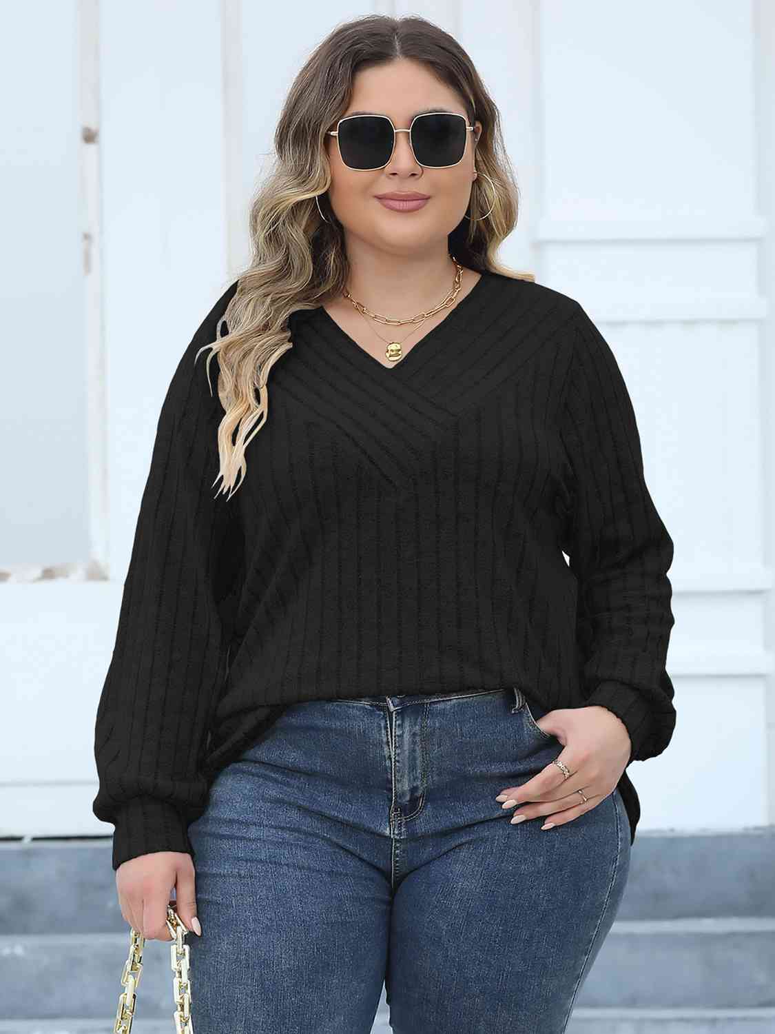 Plus Size Ribbed V-Neck Long Sleeve Top BLUE ZONE PLANET