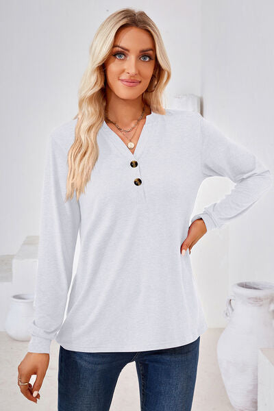 Notched Button Detail Long Sleeve T-Shirt Trendsi