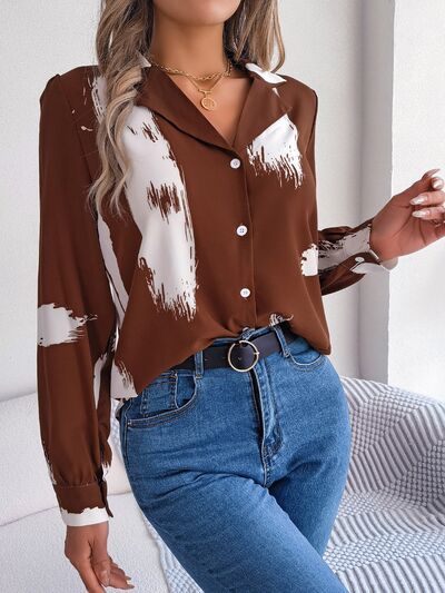 Blue Zone Planet | Printed Collared Neck Button Up Shirt BLUE ZONE PLANET