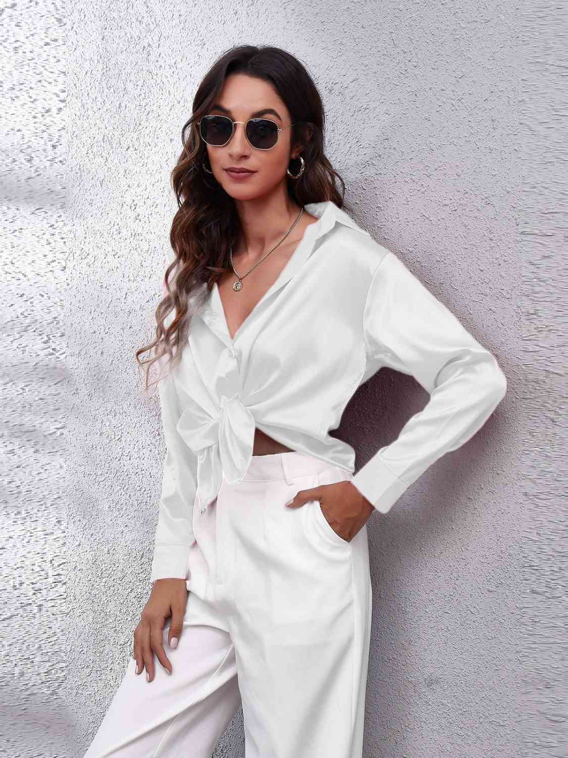 Collared Neck Buttoned Long Sleeve Shirt BLUE ZONE PLANET