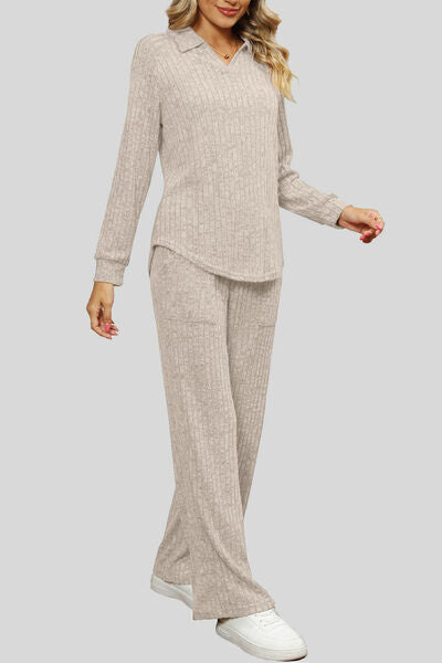 Blue Zone Planet | Ribbed Long Sleeve Top and Pocketed Pants Set BLUE ZONE PLANET