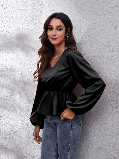 V-Neck Balloon Sleeve Peplum Blouse BLUE ZONE PLANET