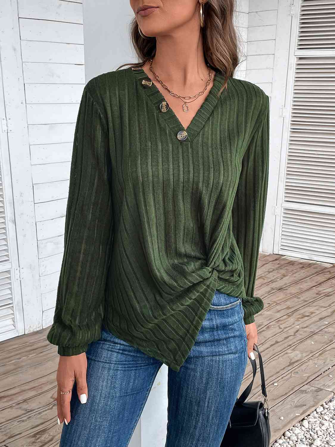 Twisted V-Neck Buttoned Long Sleeve T-Shirt BLUE ZONE PLANET