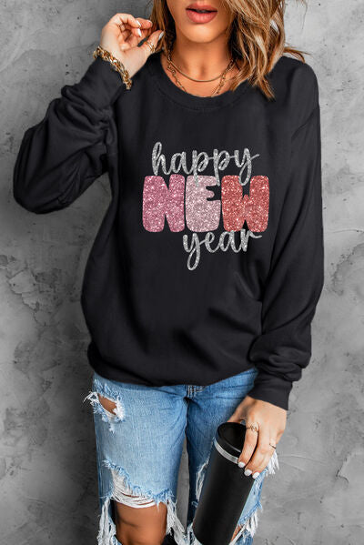 HAPPY NEW YEAR Round Neck Sweatshirt-TOPS / DRESSES-[Adult]-[Female]-2022 Online Blue Zone Planet