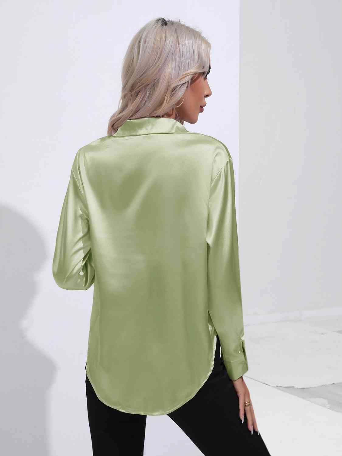 Collared Neck Buttoned Long Sleeve Shirt BLUE ZONE PLANET