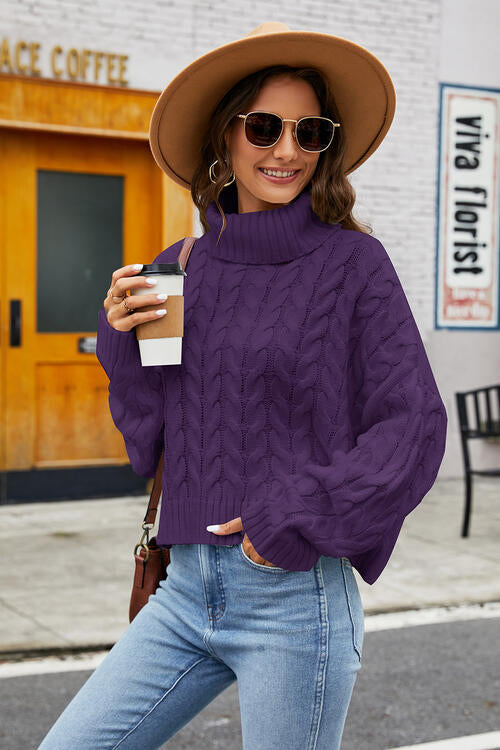Turtleneck Cable-Knit Long Sleeve Sweater BLUE ZONE PLANET