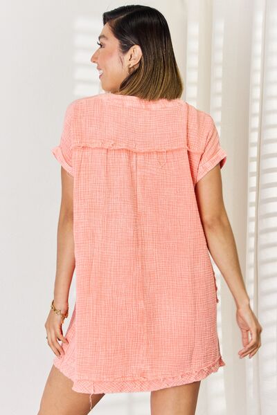 Zenana Washed Nochted Rolled Short Sleeve Dress BLUE ZONE PLANET