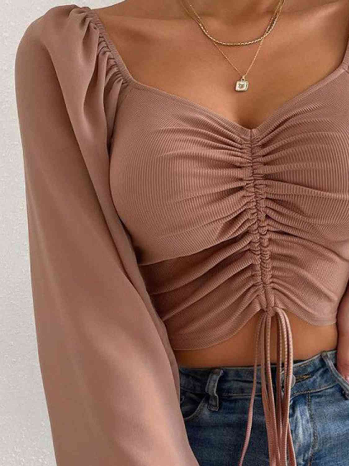 Drawstring Sweetheart Neck Cropped Top BLUE ZONE PLANET