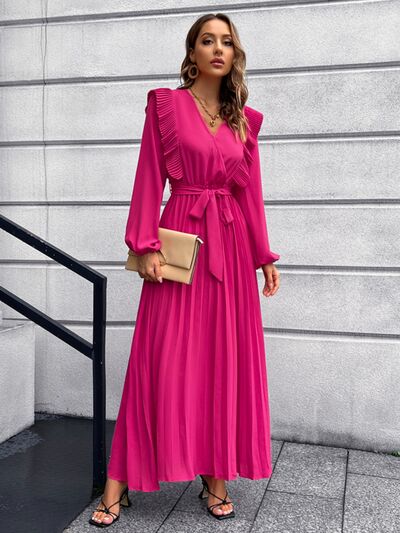 Blue Zone Planet | Pleated Surplice Tie Waist Maxi Dress BLUE ZONE PLANET