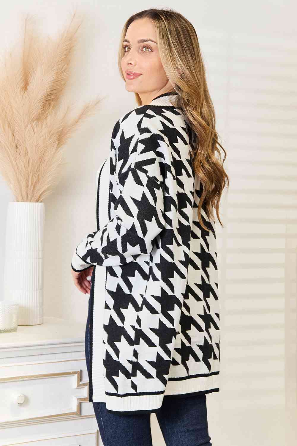 Woven Right Houndstooth Open Front Longline Cardigan BLUE ZONE PLANET