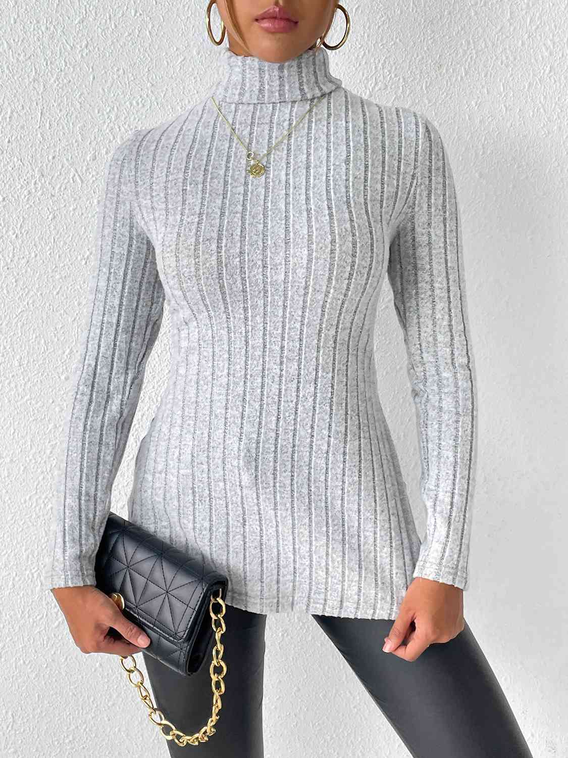 Ribbed Turtleneck Long Sleeve Slit T-Shirt BLUE ZONE PLANET