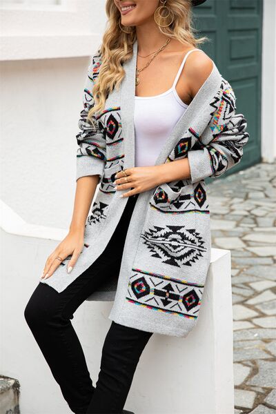 Pocketed Geometric Open Front Dropped Shoulder Cardigan BLUE ZONE PLANET