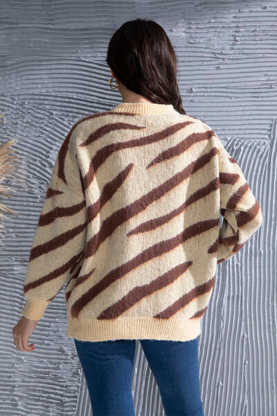 Blue Zone Planet | Animal Element Round Neck Dropped Shoulder Sweater BLUE ZONE PLANET