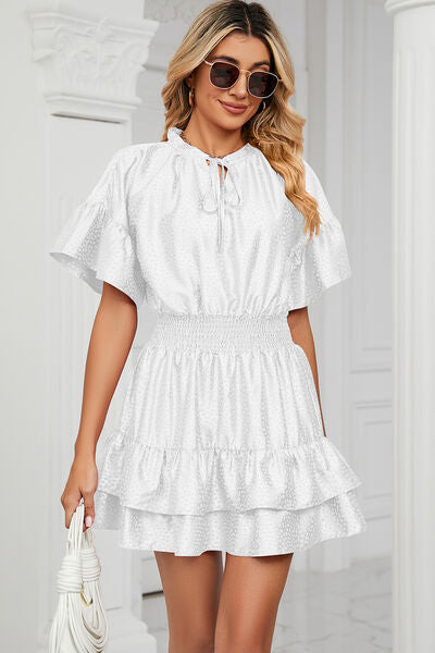 Smocked Tie Neck Flounce Sleeve Dress BLUE ZONE PLANET