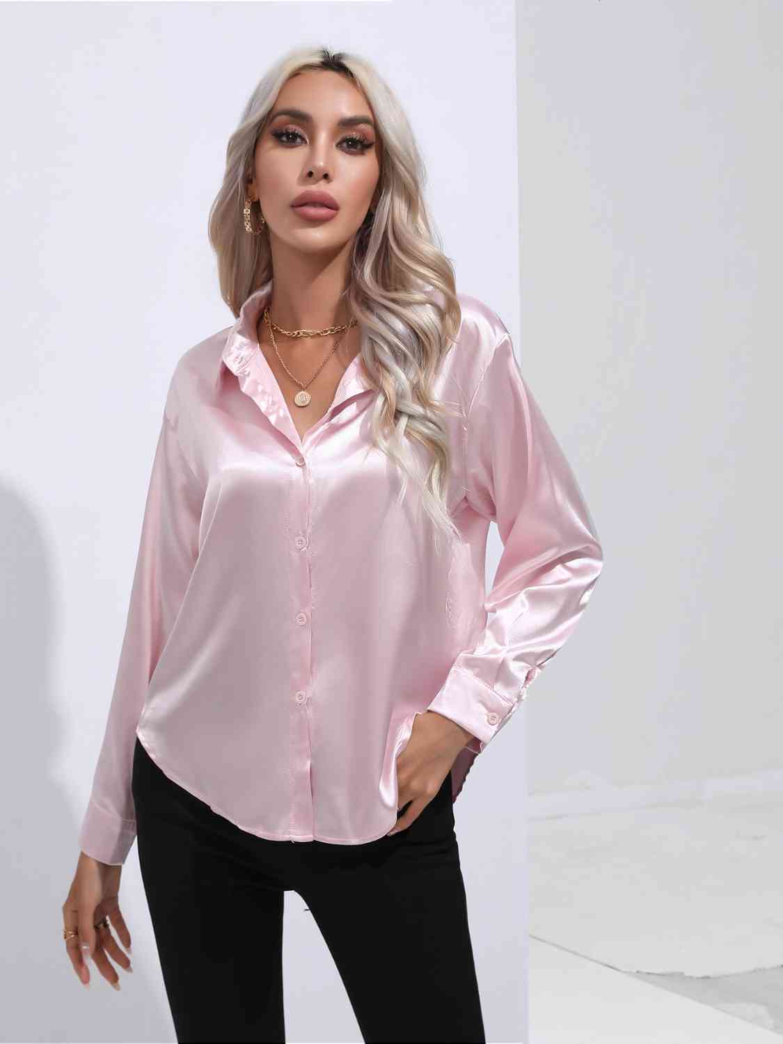 Collared Neck Buttoned Long Sleeve Shirt BLUE ZONE PLANET
