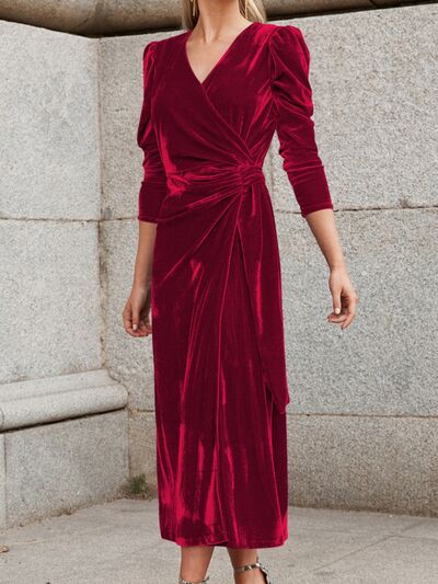 Blue Zone Planet | Surplice Puff Sleeve Midi Dress BLUE ZONE PLANET