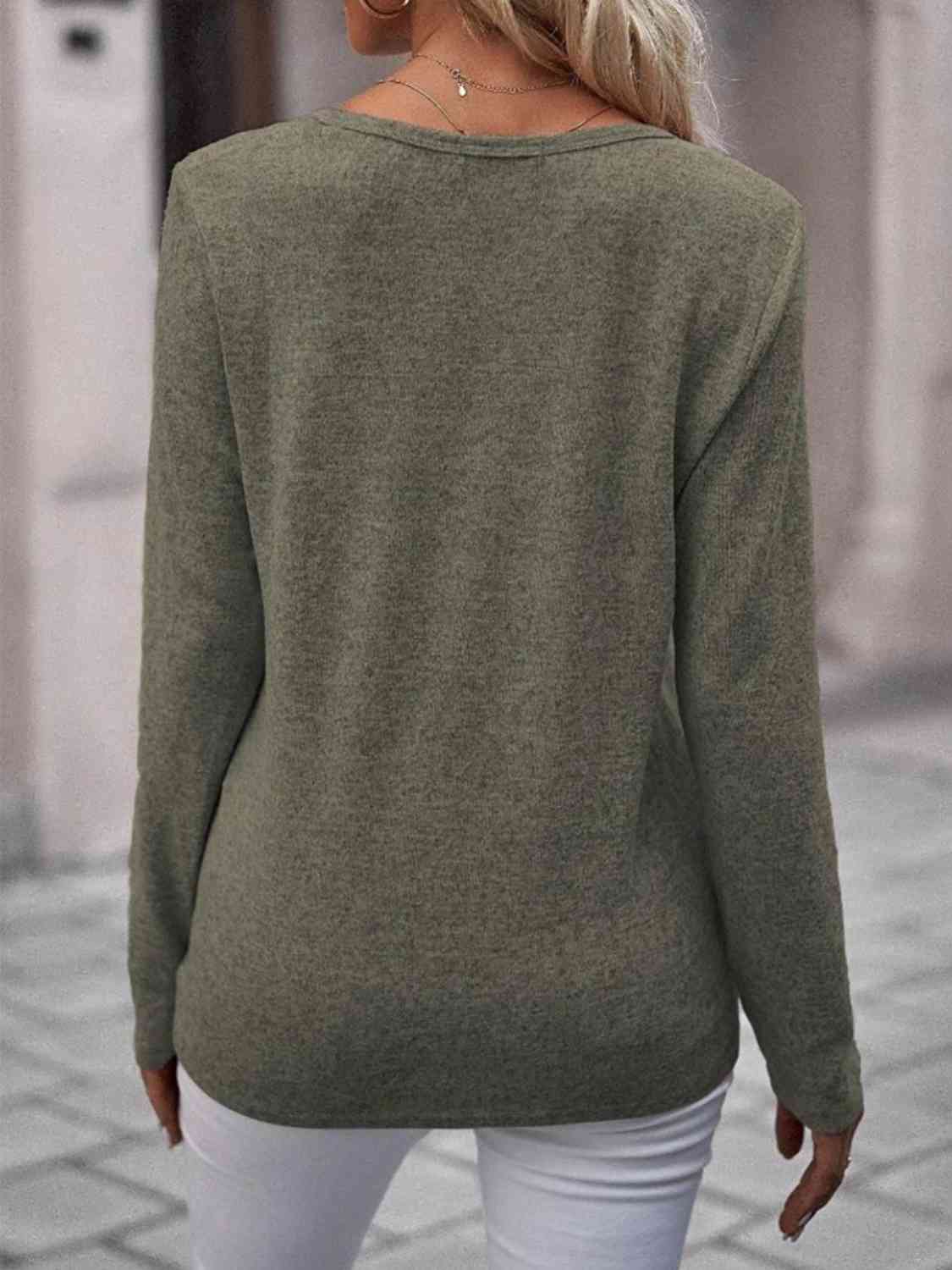 Round Neck Buttoned Long Sleeve T-Shirt BLUE ZONE PLANET