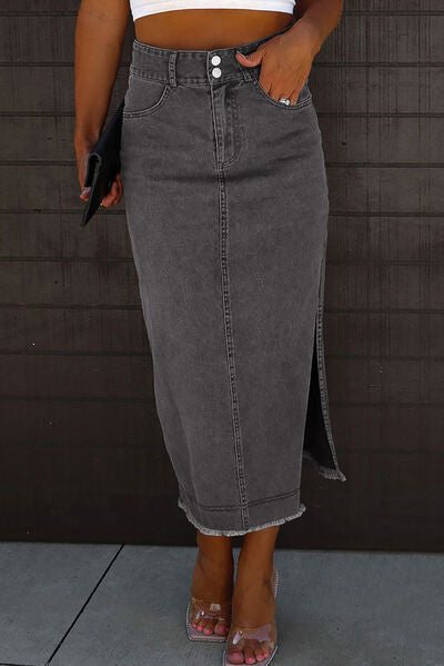 Raw Hem Slit Pocketed Midi Denim Skirt BLUE ZONE PLANET
