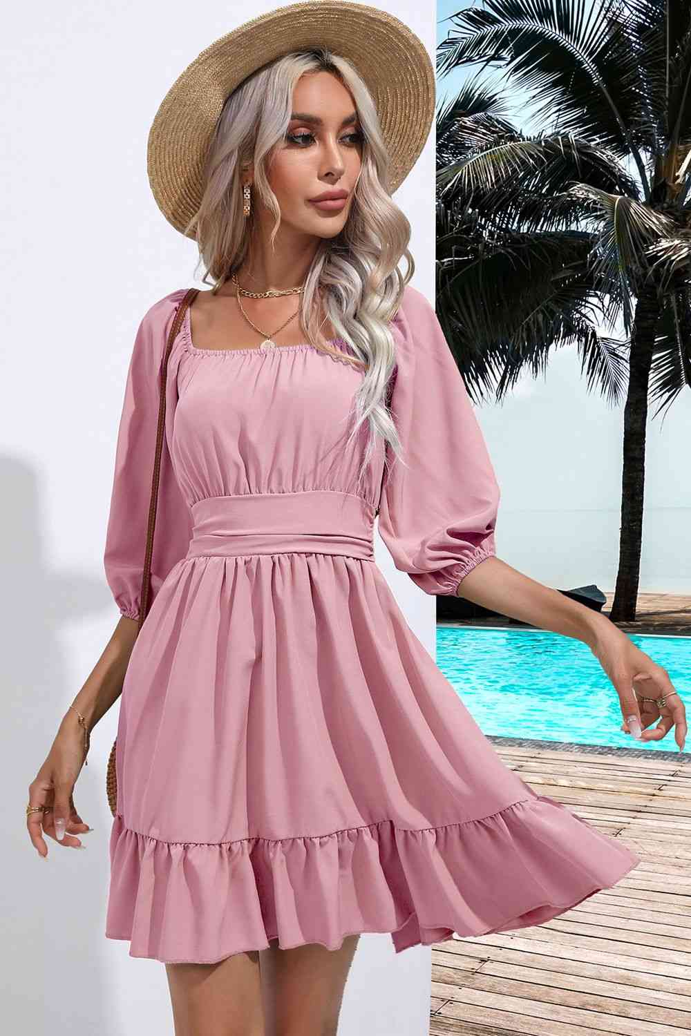 Blue Zone Planet |  Square Neck Tie Back Ruffle Hem Dress BLUE ZONE PLANET