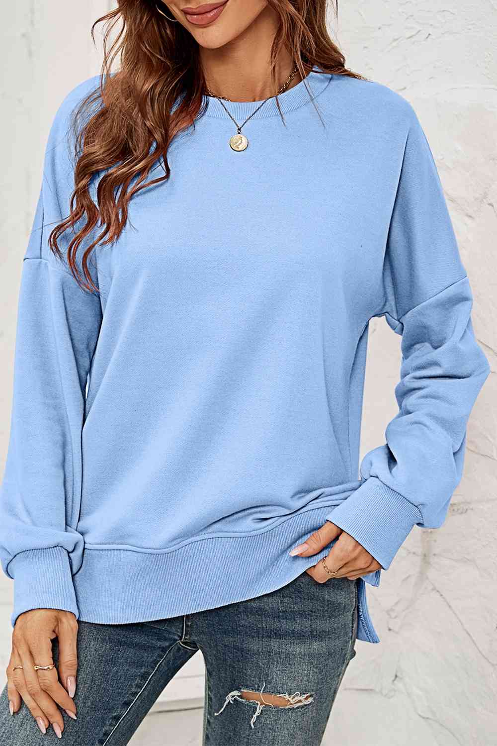 Round Neck Dropped Shoulder Slit Sweatshirt BLUE ZONE PLANET