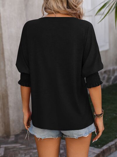 Heathered Notched Lantern Sleeve Blouse Trendsi