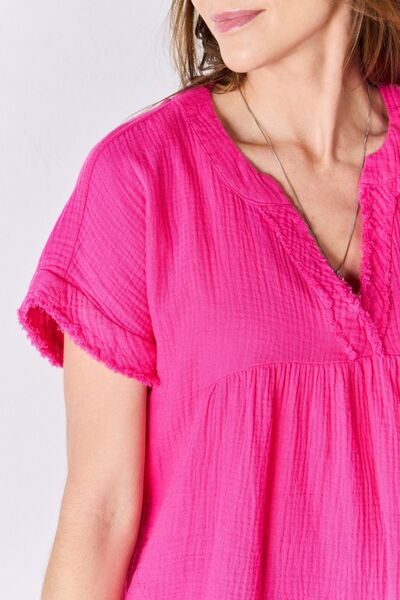 Blue Zone Planet | Zenana Full Size Raw Hem Short Sleeve Top BLUE ZONE PLANET